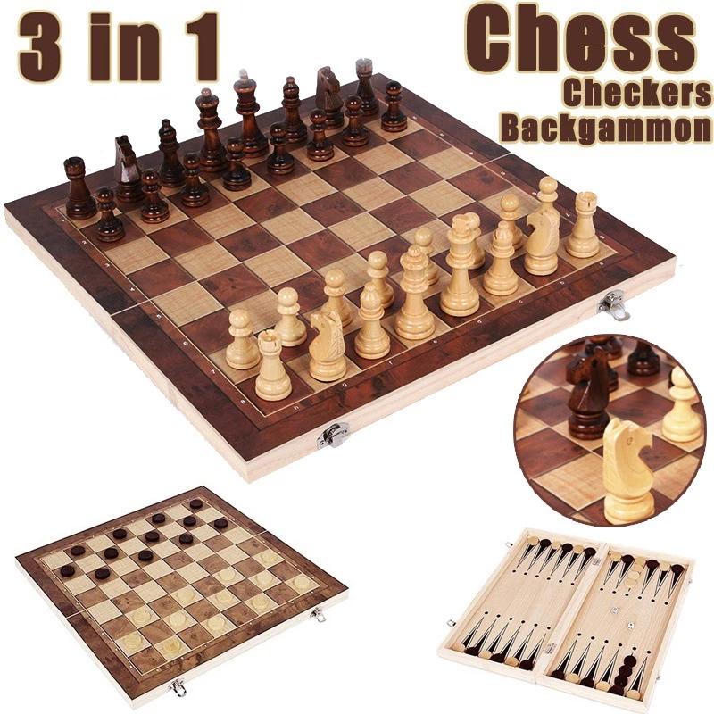 Board Game Operation - 3-in-1 schaakbord, opvouwbaar houten draagbaar schaakspelbord,