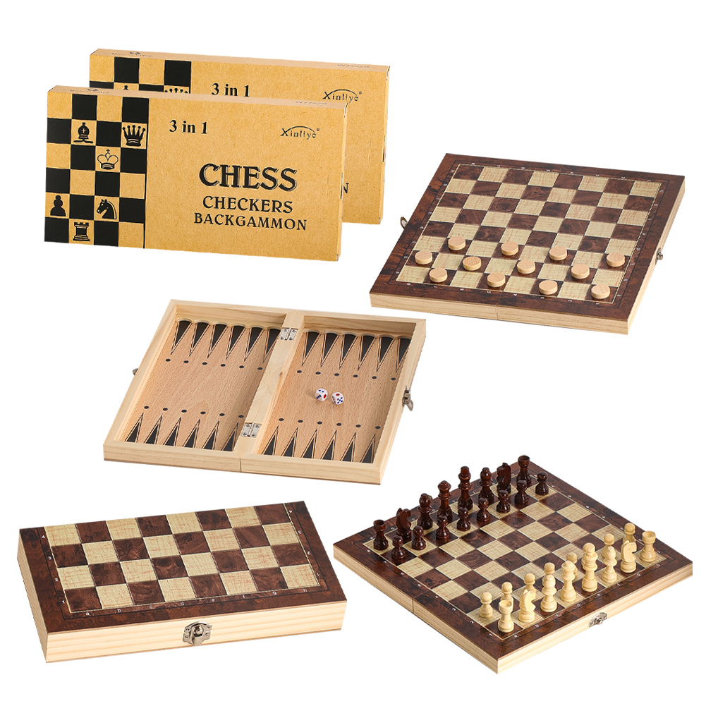 Board Game Operation - Houten 3-in-1 Dammen Backgammon en Schaakspel