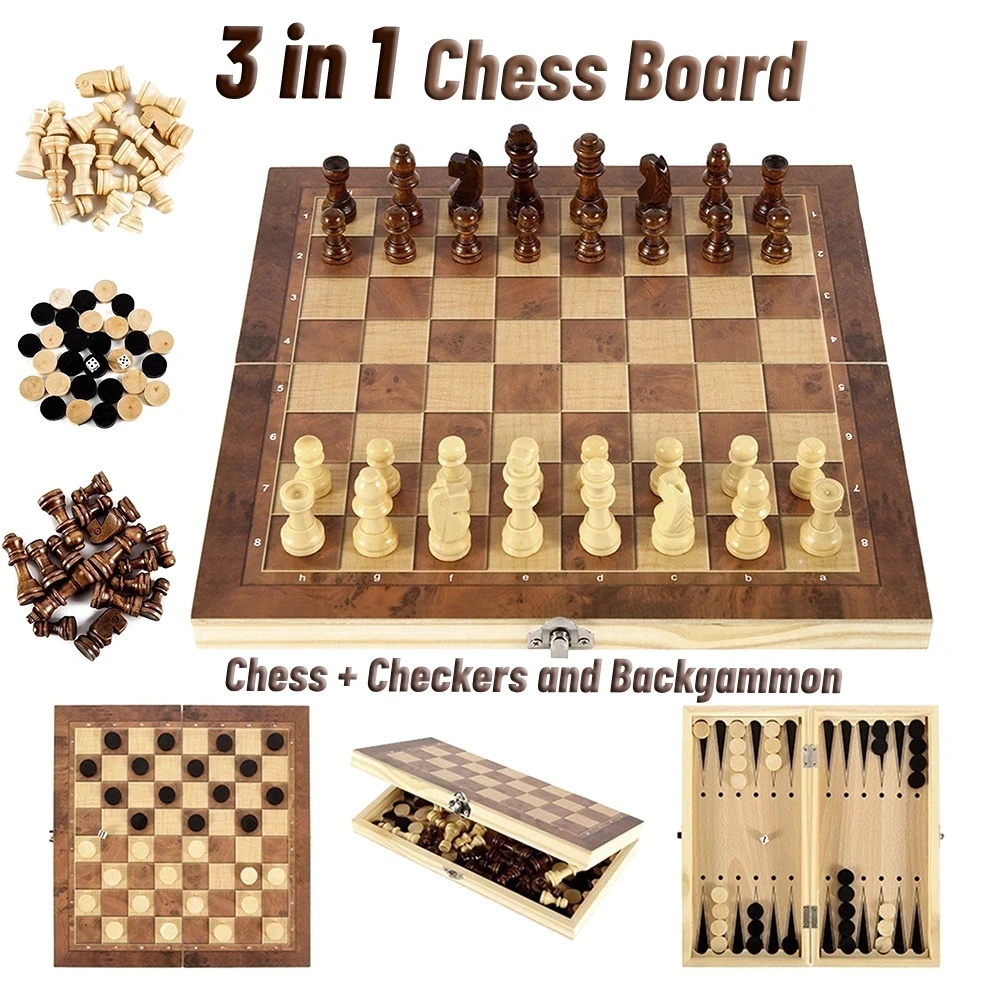 Board Game Operation - 3-in-1 houten dammen, backgammon en schaakspel,